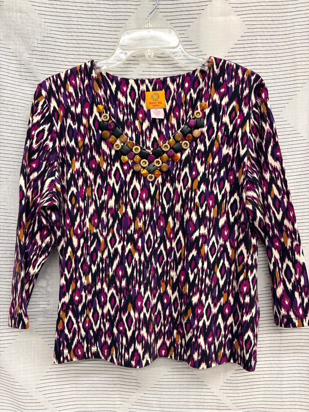 Ruby Rd. Purple Ikat Beaded V-Neck Womens Top